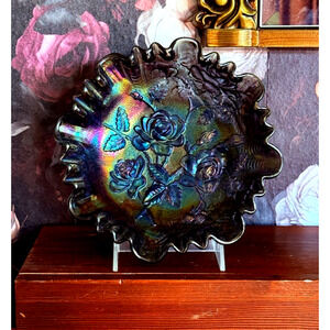 Vintage IMPERIAL CARNIVAL GLASS Footed Bowl OPEN ROSE Iridescent Amethyst Purple